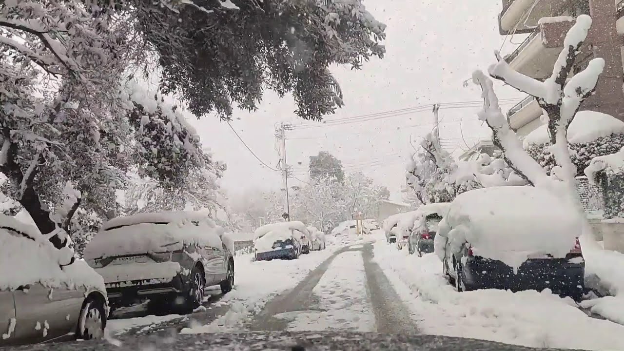 Snowstorm Athens, Greece 2021 SnowDrive In Winter Storm ��Medea