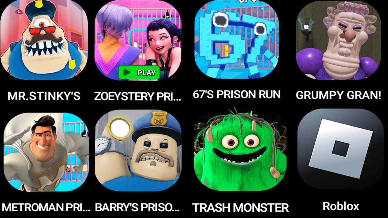 MR. STINKY'S,67'S PRISON RUN!,METROMAN PRISON RUN,Roblox,TRASH MONSTER OBBY!,ZOEYSTERY PRISON...