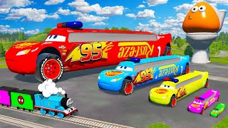 Funny Car vs Fat cars | Big & Small Long Police McQueen Monster Truck vs Thomas Train - BeamNG.Drive