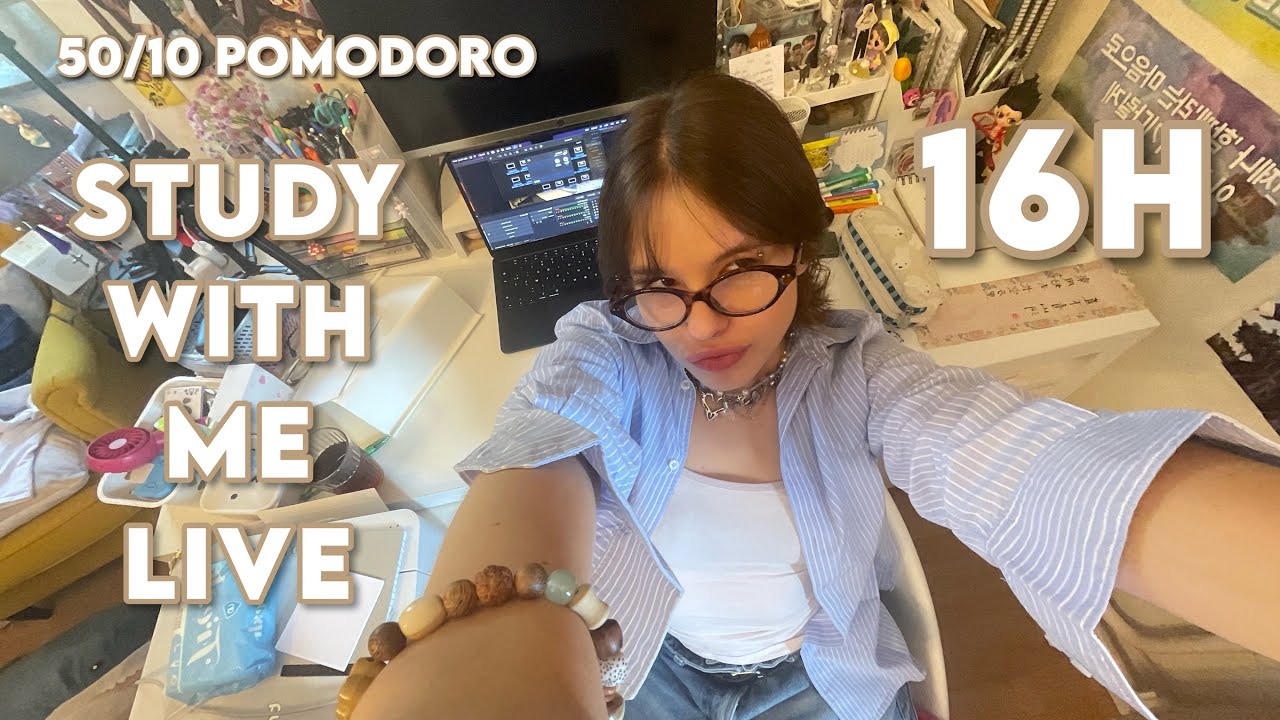 study with me live: 16 hours (real sounds, no music, 50/10 pomodoro technique) 🌷