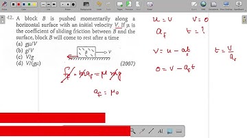 A block B is pushed momentarily along a horizontal surface with an initial velocity V. If μ is the