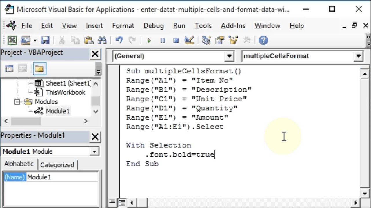 Enter Data and Format Multiple Excel Worksheet Cells with