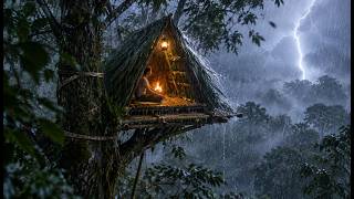 30 Days Solo Survival Under a Giant Tree: Building a Bamboo Shelter in Heavy Rain