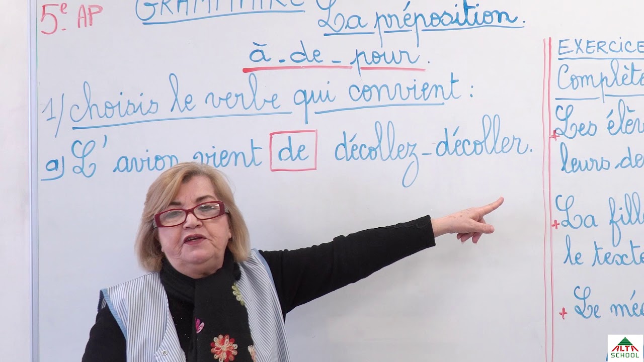 Mme Yadi - cours de français la préposition à , de , pour - 5ème année primaire