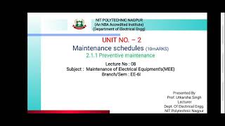 MEE(22625):Lecture 08 - Preventive Maintenance