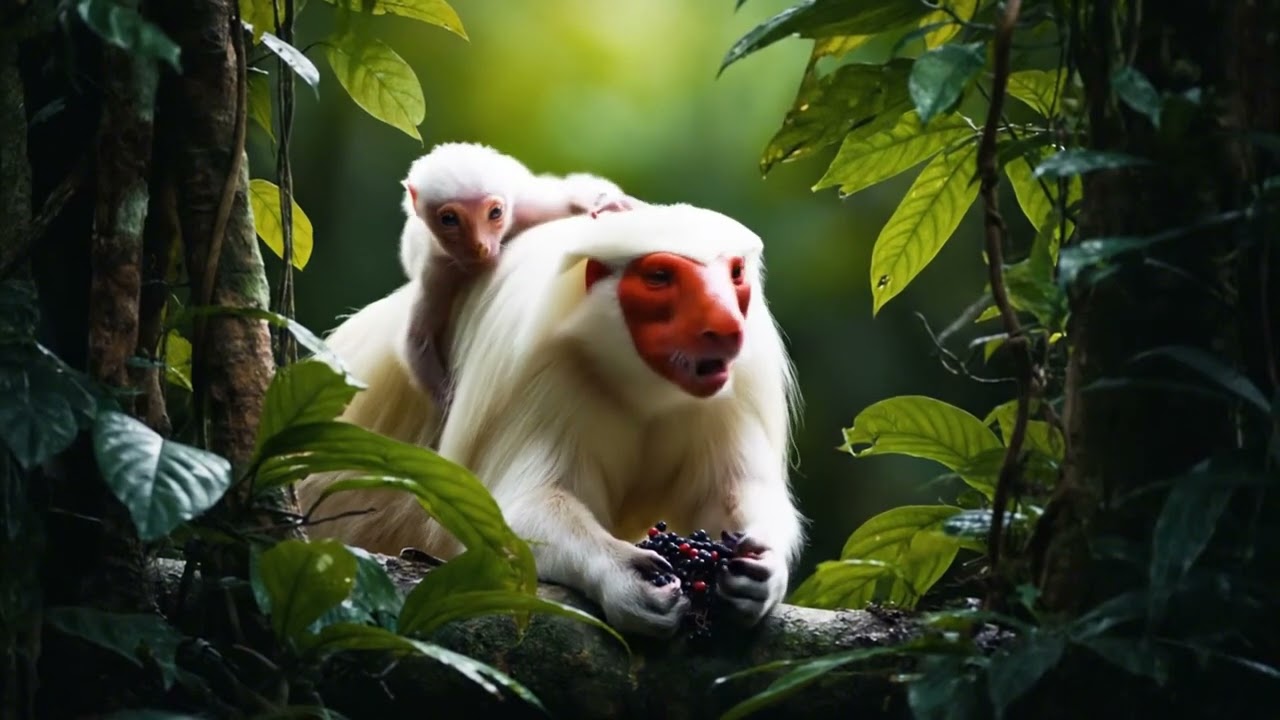 White  Bald Uakari  with baby 