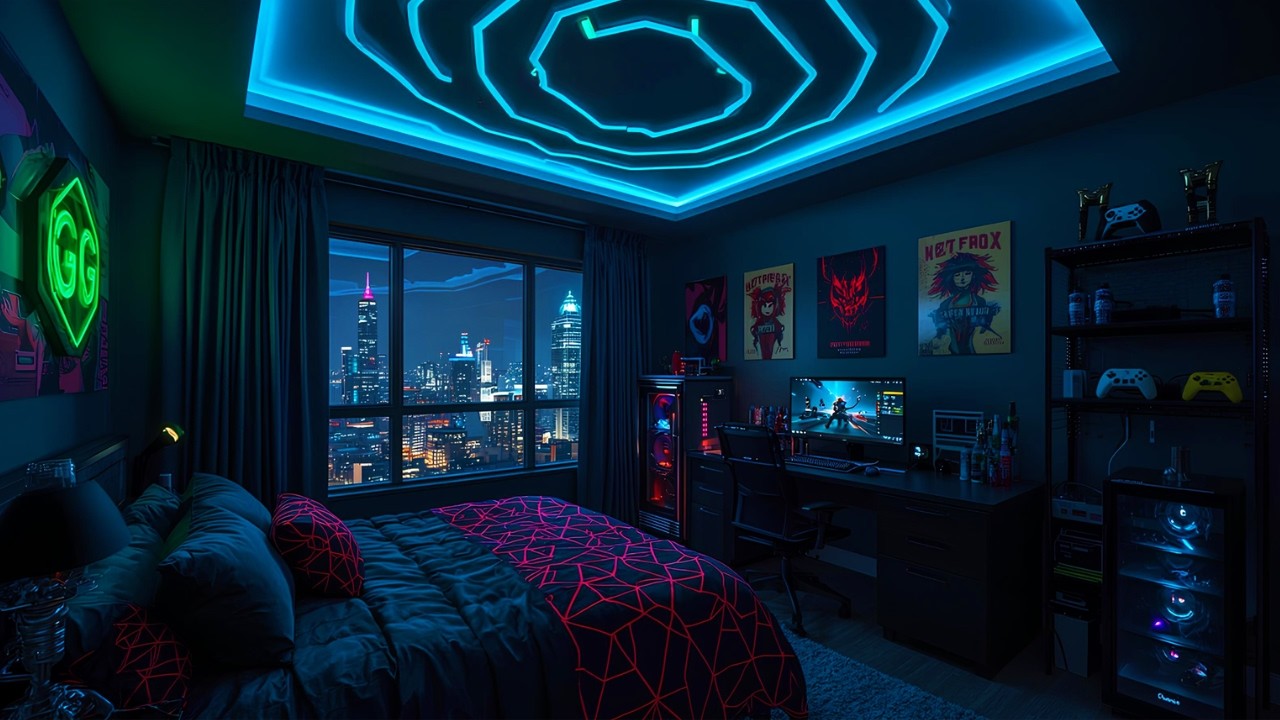 Neon Gaming Bedroom at Midnight 🌃 Chill Lo-fi Beats for Focus & Sleep | 4K