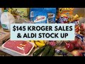 150 weekly grocery haul to kroger  aldi  shopping the sales  building my stockpile