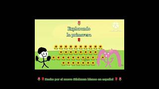 Un muñeco de palitos blanco y rosa descubre la primavera caminando sobre flores.