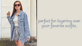Women’s Oversized Button Up Frayed Hem Shacket Long Sleeve Pockets Denim Jean Jacket