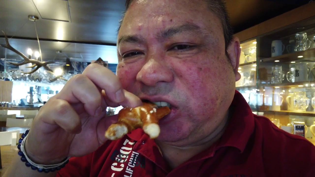 The Bavarian Chatswood, Sydney, Drinking German beers, eating a pretzel and chicken schnitzel