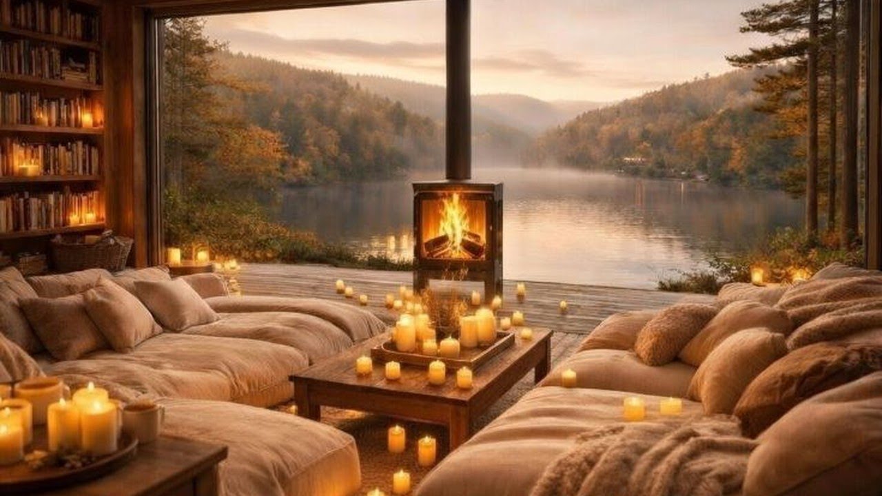 Cozy Lakeside Cabin with Fireplace 🔥 | Healing Chill Music for Sleep & Relaxation | 10 Hours | 4K