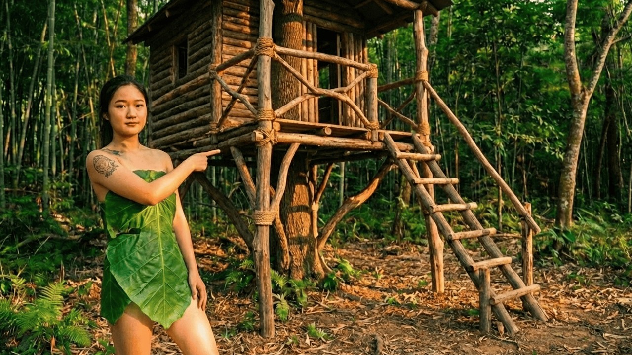 Girl Living Alone in the Jungle Building a Tree Shelter to Sleep Above ...