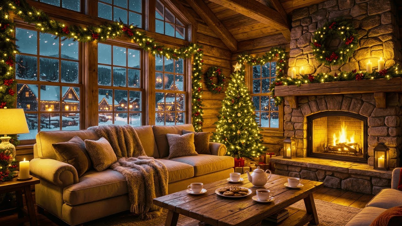 Warm Christmas Fireplace Night ❄️ Soft Snow & Relaxing Holiday Ambience