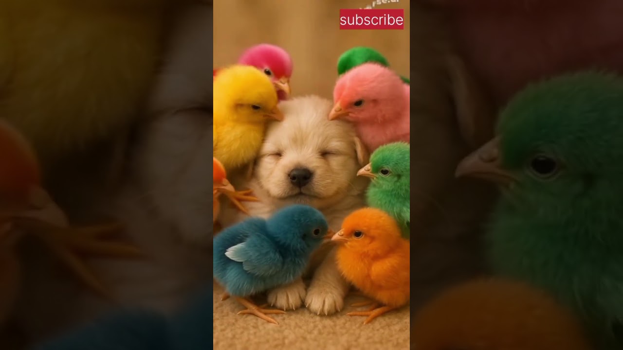 Peaceful Puppy Surrounded by Colorful Chicks" 🐶🐥🌈