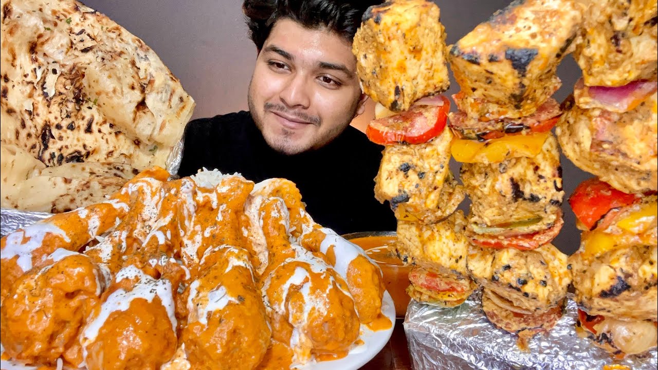CREAMY* BUTTER CHICKEN WITH JEERA RICE AND BUTTER NAAN + PANEER TIKKA EATING | BIG BITES | MUKABANG