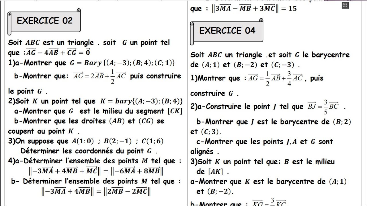 Barycentre dans le plan - contrôle 2 Semestre 1 - 1bac
