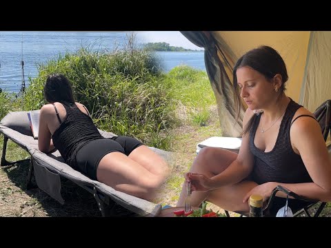 Hot Sunny Day Solo Camping Fishing On The River Bank Cooking Relaxing Outdoors Nature 