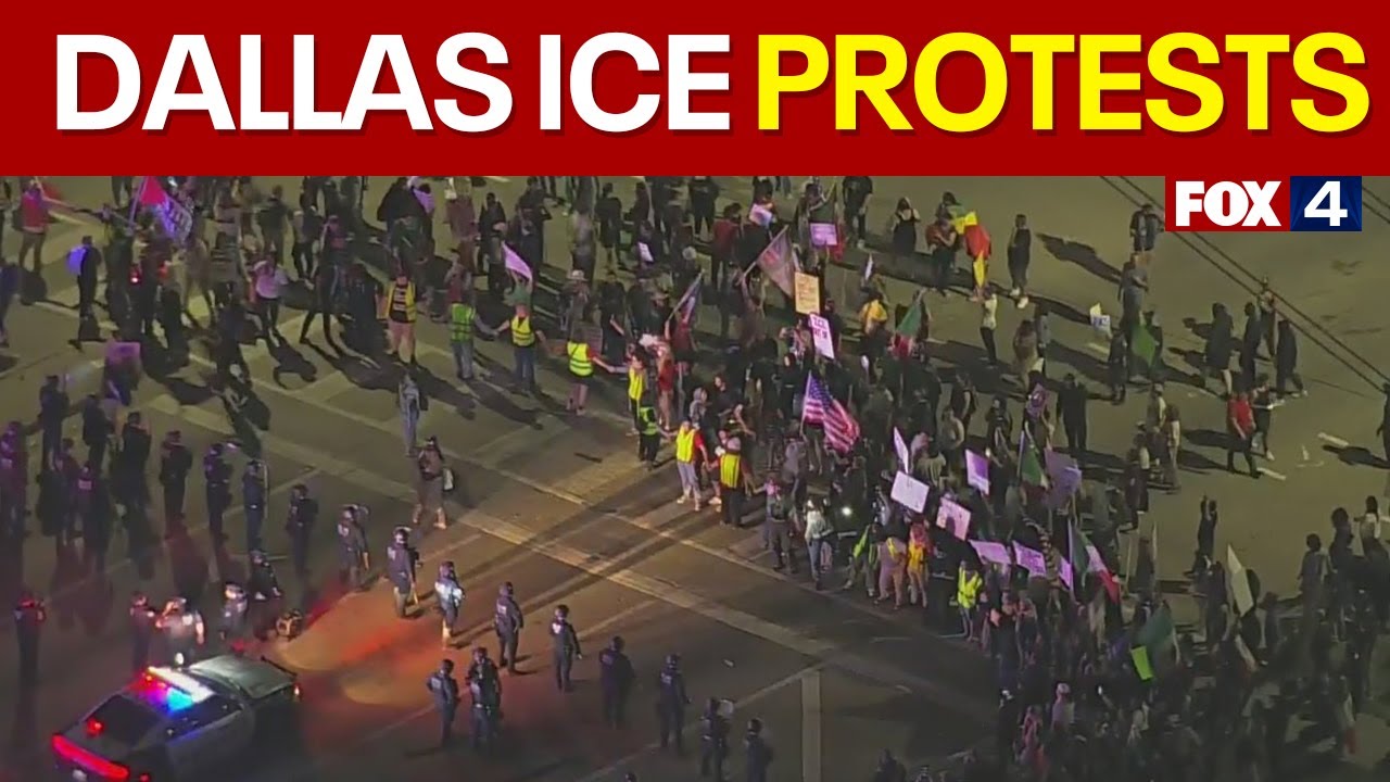 Dallas Anti-ICE protest marching through Trinity Groves