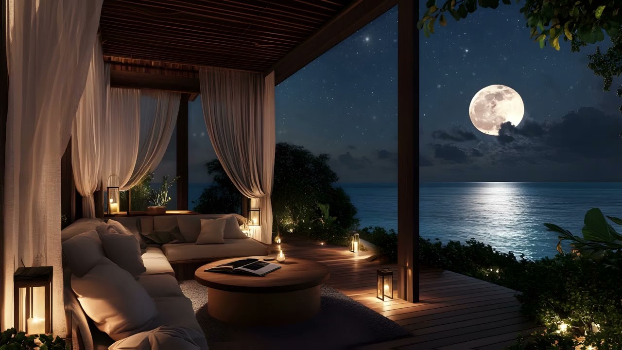 Night Ocean View Ambience 🌙 Candlelit Patio | Smooth Jazz Lofi to Unwind