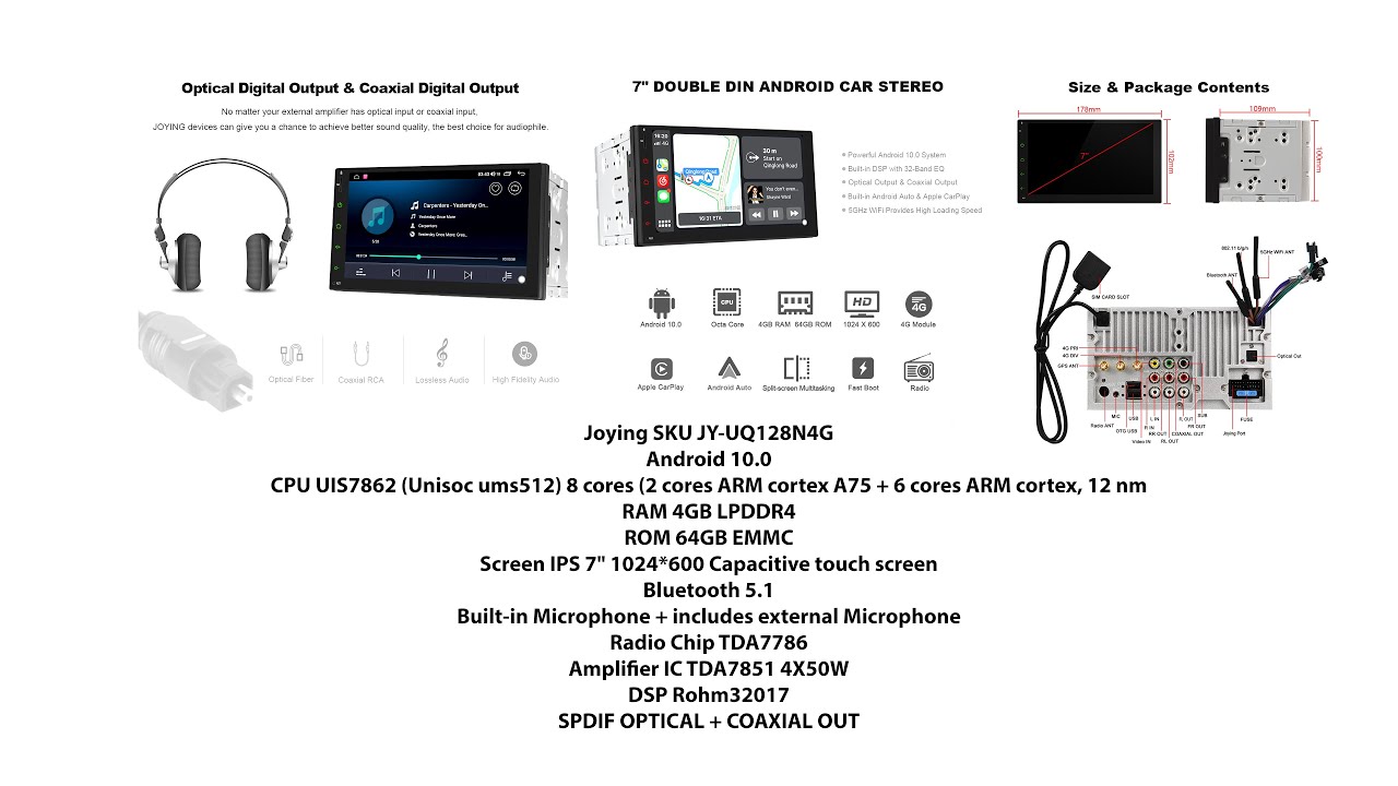 JOYING JYUQ128N4G Universal 7" UIS7862 Unisoc ums512 Android 10 4\64Gb