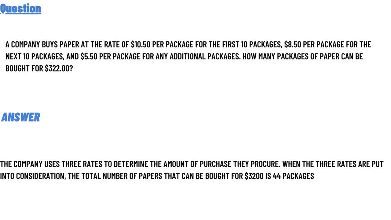 A company buys paper at the rate of 10.50 per package for the first 10