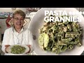 Enjoy basil pesto and fava beans served with chestnut pasta and potatoes! | Pasta Grannies