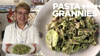 Enjoy basil pesto and fava beans served with chestnut pasta and potatoes! | Pasta Grannies