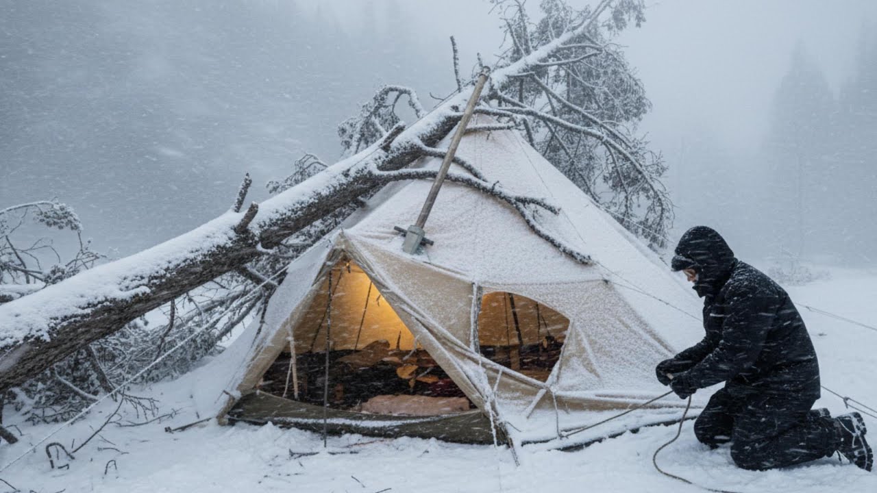 Solo 2 Day Hot Tent Camping in a Blizzard – Tent Collapses at Night
