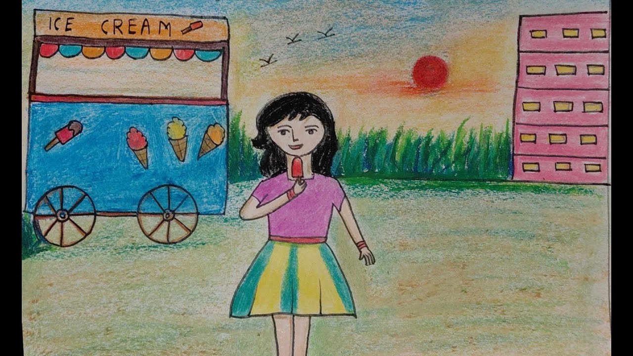 How to draw girl eating ice-cream in summer season