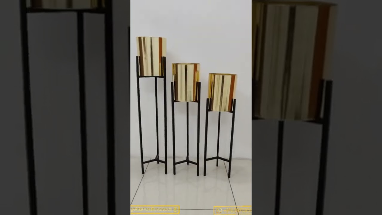 - GCO Gold Plated Pots with Matte Black Stands in iron Set of 3