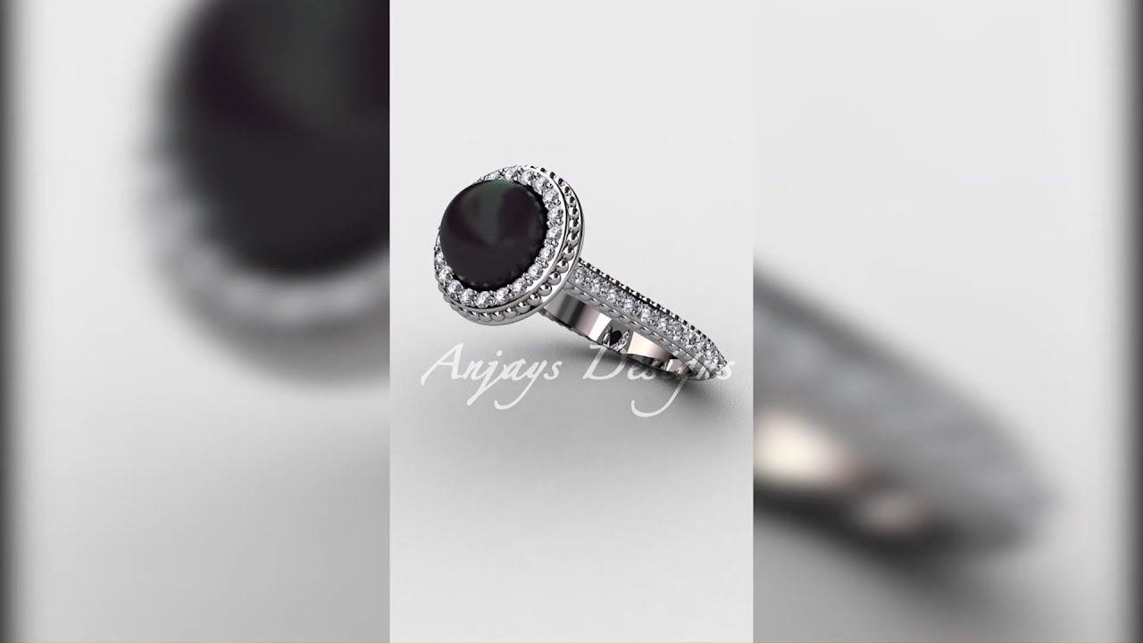 Halo Diamond and Black Pearl Vintage Engagement Ring ABP97