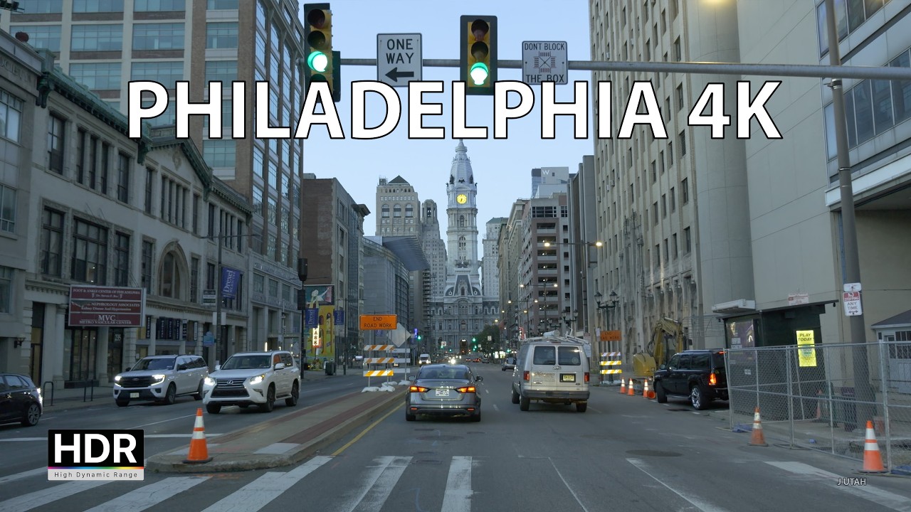Philly 4K - Blue Sunrise - Driving Downtown - USA - HDR