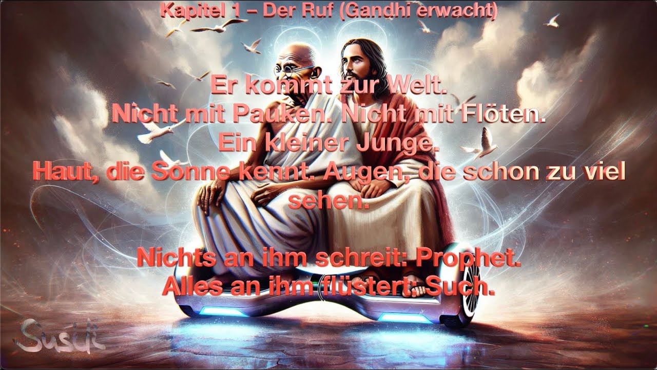 Titelbild des Gandhi-Evangeliums: Gandhi und Jesus sitzen gemeinsam auf einem Brett über dem Wasser
