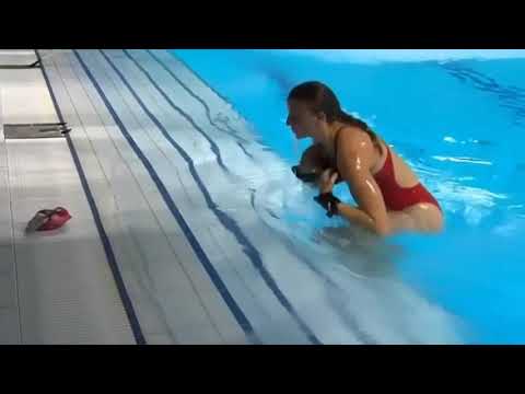 Laura Marino One-Piece Red Swimsuit Pool Scene