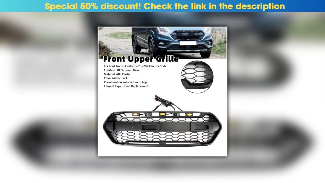 Top For Ford Transit Custom Trail W/ 3LED 2018-2023 Raptor Style Front Bumper Center Grille Mesh Ho