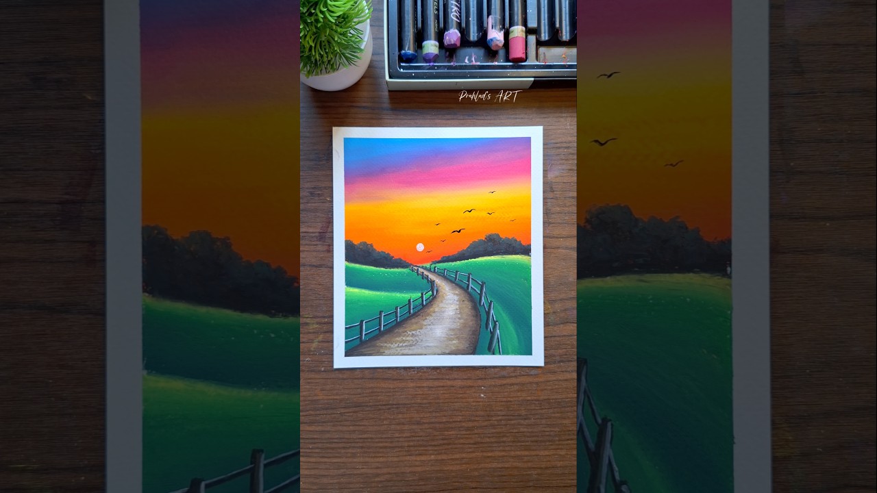 🌈 Easy Sunset Scenery for Kids | Oil Pastel Drawing Shorts