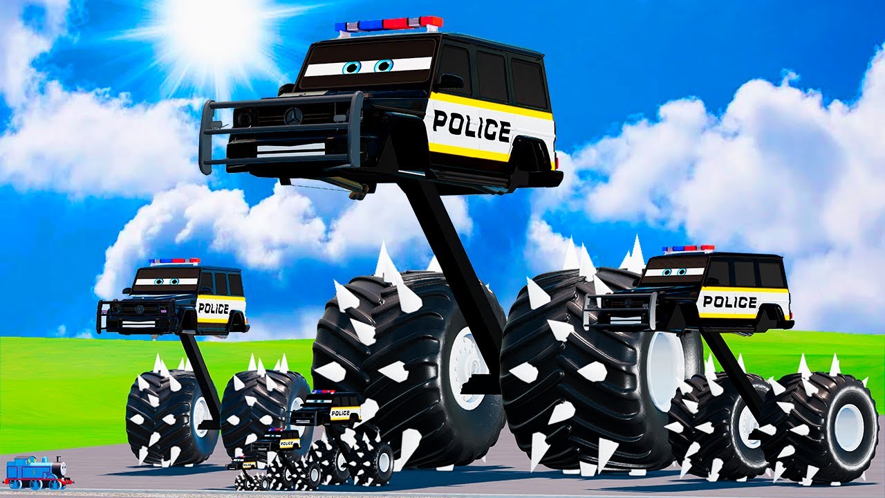 Big & Small Police Red Vizor Spiked Thorns Monster Truck Lightning McQueen vs Trains BeamNG.drive