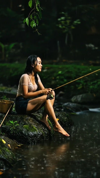 Gadis Cantik mancing #shorts #gadisdesa #hujanmalam