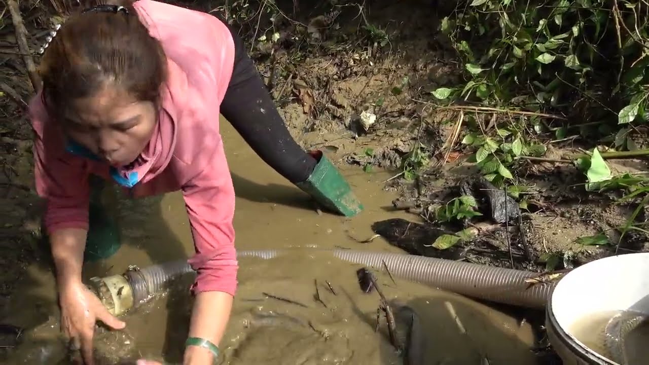 Amazing Fishing Video - Use a pump to suck water in the lake, Catch a ...