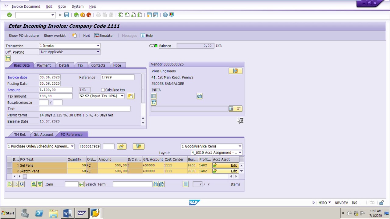 SAP MM Invoices for POs with A/C Assignment Posting Invoice for PO with ...