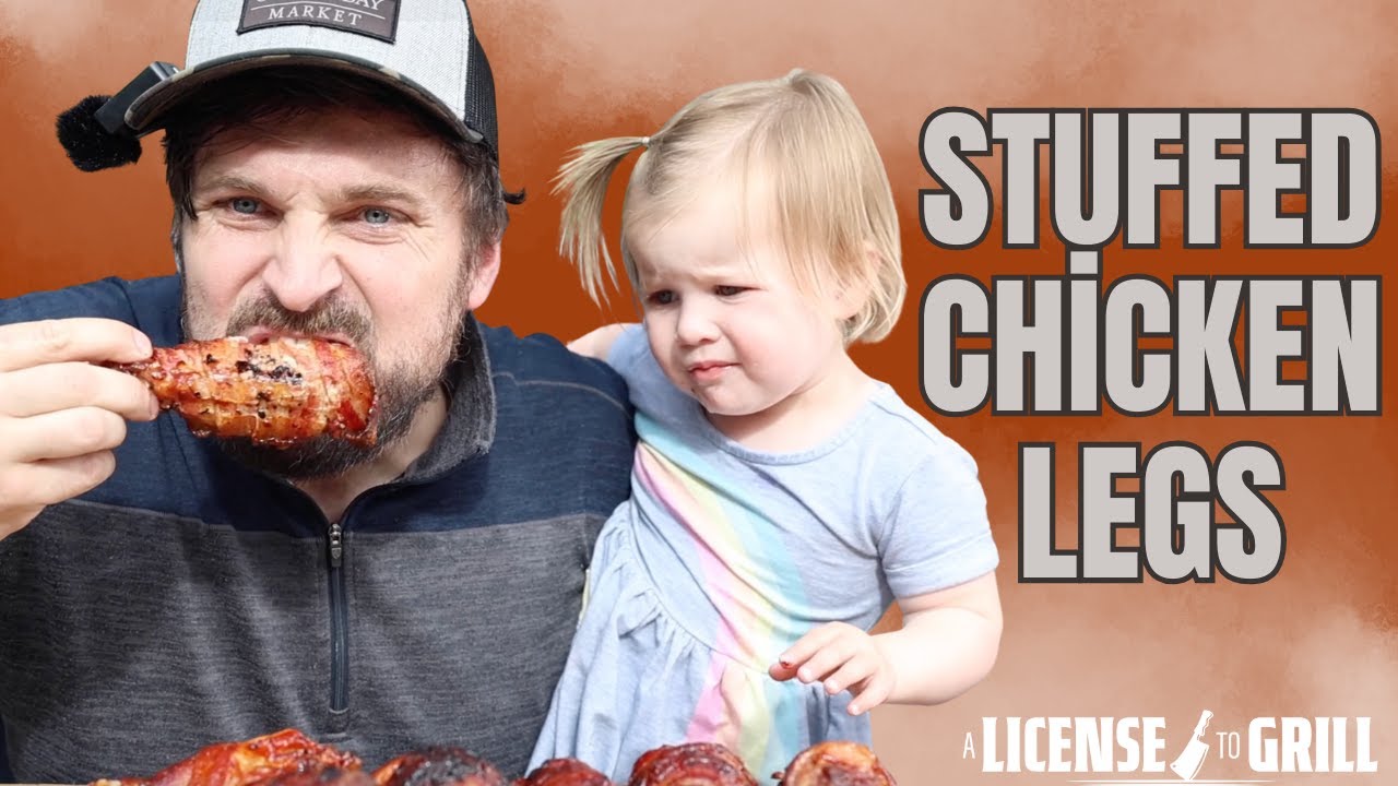 Traeger Stuffed Chicken Legs - ham and cheese wrapped in crispy bacon