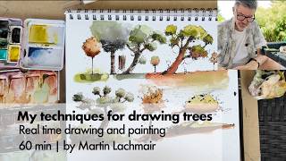 Different techniques for drawing trees with ink and watercolor.