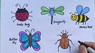 Easy Insects drawing. Easy Ladybug, dragonfly, honeybee, beetle bug drawing and coloring for kids