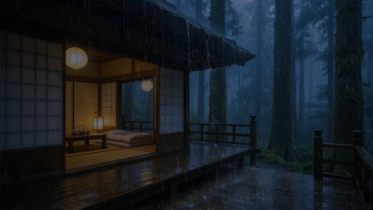 Deep Sleep Rain Sounds from a Quiet Forest Cabin on a Dark Rainy Night