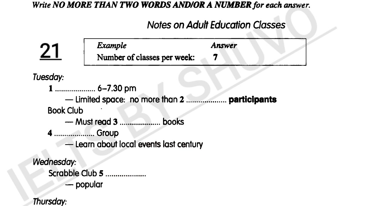 Notes on adults education classes listening practice test with answers | IELTS Final Exam 
