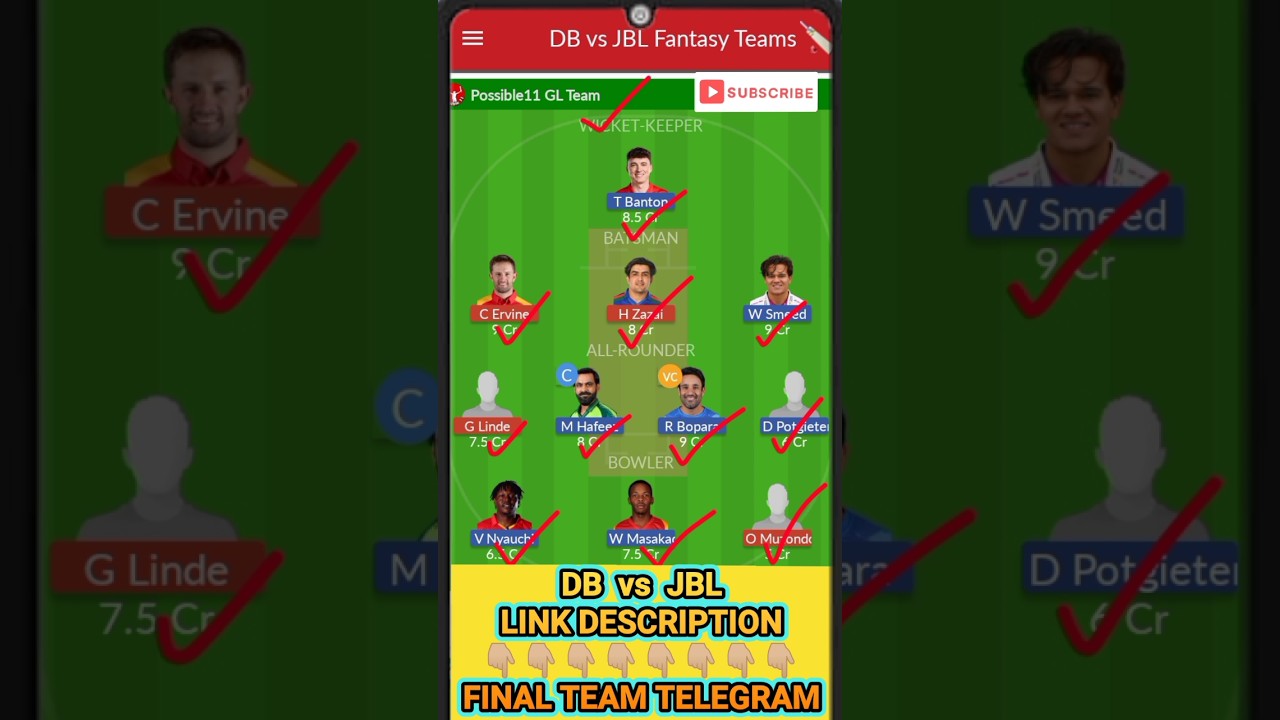 DB vs JBL Dream11 | DB vs JBL Dream11 Prediction | DB vs JBL Dream11 Team 