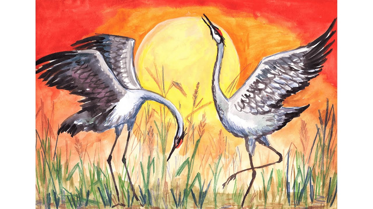 How to draw a sunset scenery with crane bird | colour pencil drawing