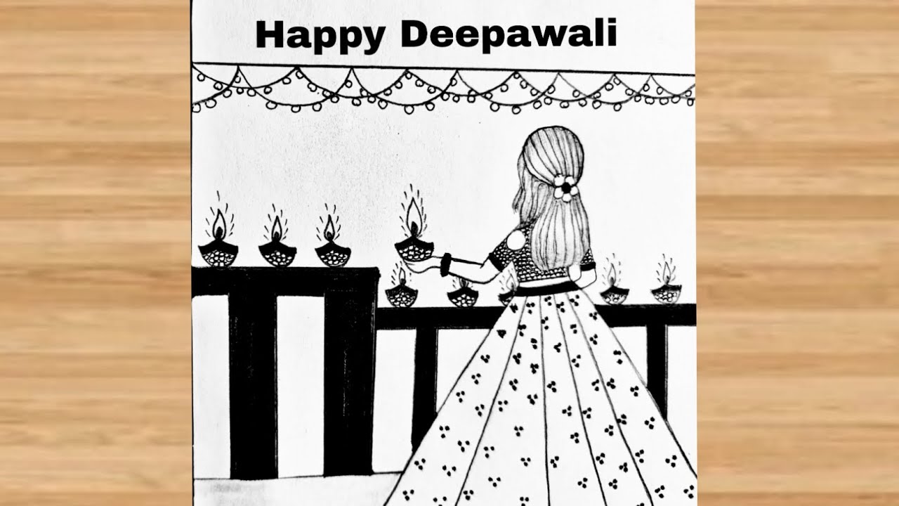 Beautiful Diwali Ka Chitra Kaise Banaen | A Girl Decorate Diya Drawing | Happy Diwali Drawing Easy