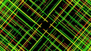 Many flowing narrow colorful lines. Animation. Abstract four rotating fragments with many colorful